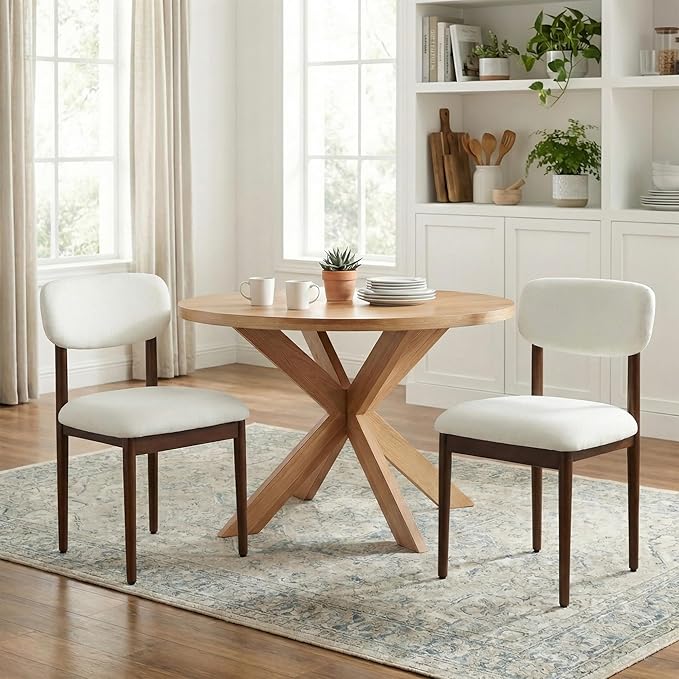 Casaphoria Upholstered Dining Chairs Set of 2, Mid-Century Modern Kitchen Chairs with Solid Wood Legs & Thick Cushion, Ergonomic Fabric Accent Chairs for Dining Room, Vanity & Office, White/Walnut