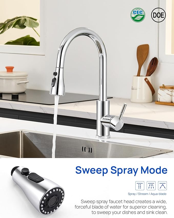 J-HVA Pull Down Kitchen Faucet Sprayer Head Replacement Part, 3 Function kitchen Sink Faucet Replacement Nozzle, Kitchen Faucet Head Hose Spray Tap Spout, Chrome (15 Connectors)