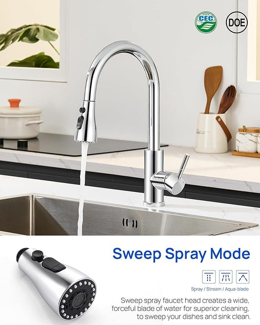 J-HVA Pull Down Kitchen Faucet Sprayer Head Replacement Part, 3 Function kitchen Sink Faucet Replacement Nozzle, Kitchen Faucet Head Hose Spray Tap Spout, Chrome (15 Connectors)