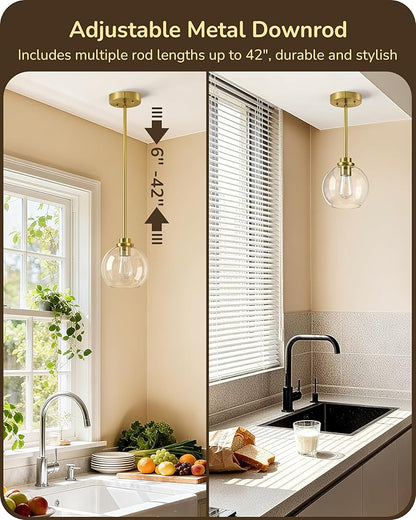 EDISHINE Pendant Lights Kitchen Island, Modern Gold Hanging Light Fixture with Clear Glass Globe Shade, Hardwired Adjustable Metal Rod for Dining Room, Entryway, 1 Pack