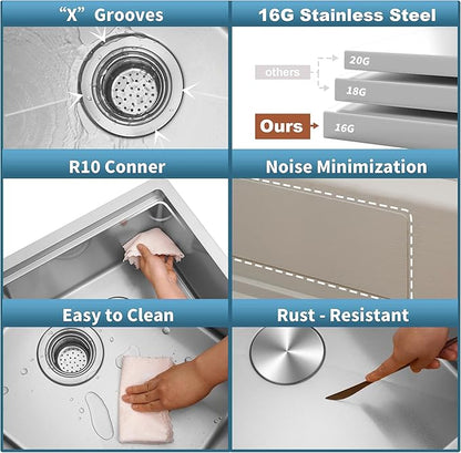 27 Inch Undermount Kitchen Sink,16 Gauge Stainless Steel Kitchen Sink Single Bowl, 27"x19"x9" Undermount Sink Ledge Workstation Sinks With All Accessories, Multi-Functional Sinks
