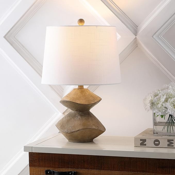 JONATHAN Y 21.5" Brown Wood Finish Coastal 3-Stack Cairn LED Table Lamp for Living Room, White Linen Shade, Rustic Mid-Century Modern Bedside Lamp for Bedroom Office (JYL4062A)