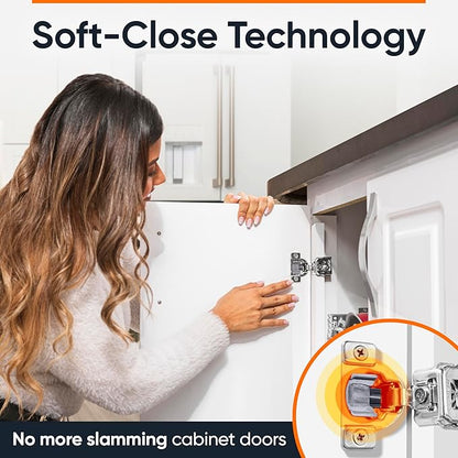 Decobasics 60 Pack Soft Close Cabinet Hinges 1-1/4" Overlay for Kitchen Cabinet Doors, Slow Self-Closing Concealed Hidden Hinges for Face Frame –Stainless Steel, 3-Way Adjustable & Quiet Close Damper