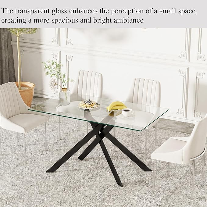51.18" Rectangular Glass Dining Table, Tempered Glass Kitchen Tabe with Metal Legs, Stylish and Sturdy Dinner Table for Home and Outdoor Dining (Black, 51.18'')