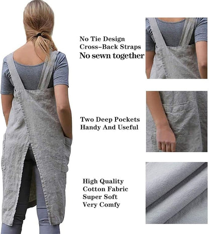 VLZUFE Cotton Linen Apron for women Cross Back Apron Pinafore Dress for Baking Cooking Gardening Work