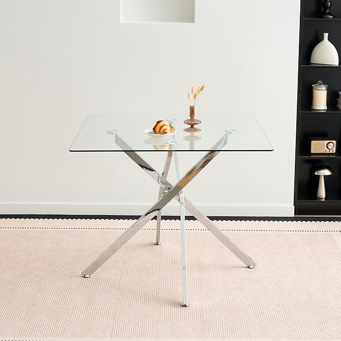 Square Dining Table for 4, 36 Inch Glass Kitchen Table with Silver X Metal Legs, Modern Tempered Glass Dinner Room Table for Small Space Dining Room Kitchen Restaurant