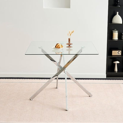 Henf 36'' Tempered Glass Dining Table for 2-4 People, Square Kitchen Table with Silver X-Base Metal Legs, Adjustable Feet, Glass Desk for Small Space, Clear Square Dining Room Table for 4