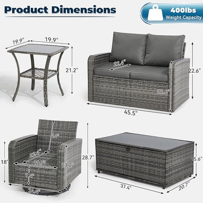5 Pieces Outdoor Furniture Set with Swivel Chairs, Wicker Patio Furniture Sets for Porch Deck Bistro Lawn Garden Backyard Poolside-Grey