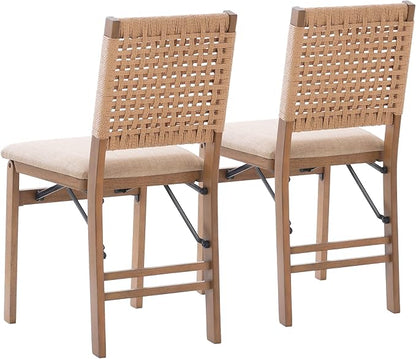 Linon Bennett Natural Folding Chair with Woven Rope Back and Linen Upholstered Seat Set of 2