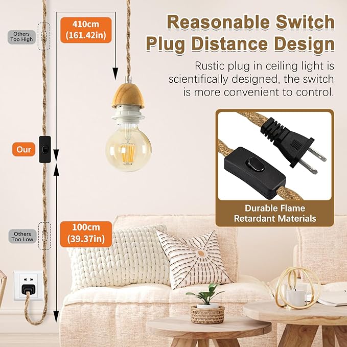 Vintage Hemp Rope Pendant Light Fixtures, 2PCS Rustic Hanging Lights with 16.7FT Plug in Cord, Retro Pendant Light Cord Kit, E26 E27 Light Socket Hanging Plug in Light Fixture, for Farmhouse
