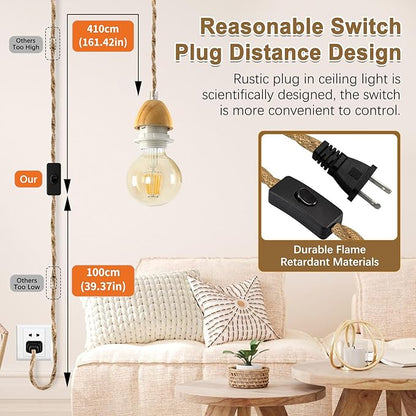 Rustic Plug in Pendant Lighting, 16.7FT Pendant Light Cord Kit, Farmhouse Hanging Lights with Plug in Cord, Vintage Hemp Rope Pendant Light Fixtures, E26 E27 Light Socket, for Kitchen Island