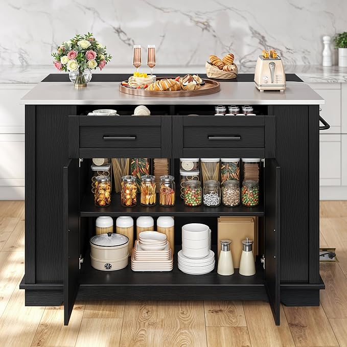 YITAHOME Kitchen Island with Drop Leaf, 47 Inch Mobile Stroage Islands with Stainless Steel Top, Rolling Island Table with Power Outlet, Adjustable Shelves, Spice Rack, Towel Rack for Kitchen, Black