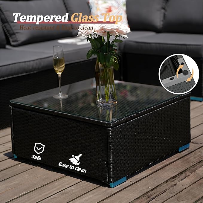 7 Piece Outdoor Patio Furniture Sets, Black Patio Sectional Furniture All-Weather PE Rattan Sectional Sofa, Outdoor Wicker Conversatin Set w Glass Coffee Table for Backyard, Spring, 2026