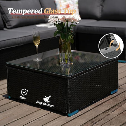 7 Piece Outdoor Patio Furniture Sets, Black Patio Sectional Furniture All-Weather PE Rattan Sectional Sofa, Outdoor Wicker Conversatin Set w Glass Coffee Table for Backyard, Spring, 2026