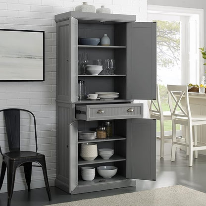 Crosley Furniture Seaside Coastal Pantry Storage Cabinet with Shelves, Kitchen, Dining, or Laundry Room, Distressed Gray