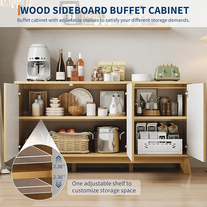 GarveeHome 58" Modern Farmhouse Sideboard Buffet Cabinet with Adjustable Shelves Storage & 4 Doors, Wood Buffet Console Table, Curved Design, Cupboard Coffee Bar Cabinet for Dining Room, Living Room