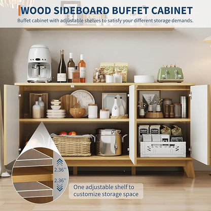 GarveeHome 58" Modern Farmhouse Sideboard Buffet Cabinet with Adjustable Shelves Storage & 4 Doors, Wood Buffet Console Table, Curved Design, Cupboard Coffee Bar Cabinet for Dining Room, Living Room