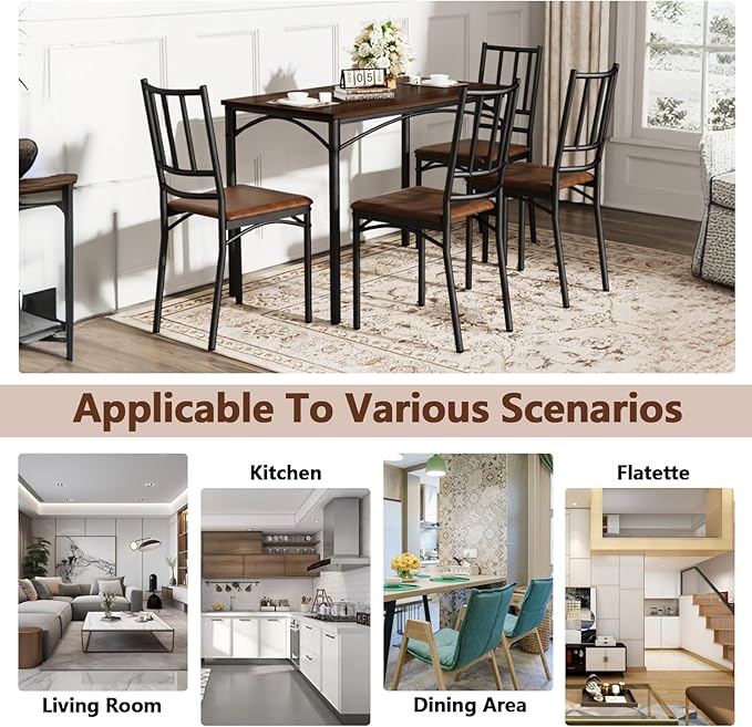 5 Piece Dining Table Set for 4, Farmhouse Kitchen Table and PU Chairs, Small Space Compact Dinette, Wood Top & Metal Frame, Breakfast Nook Set for Apartment Dining Room (Walnut+Black)