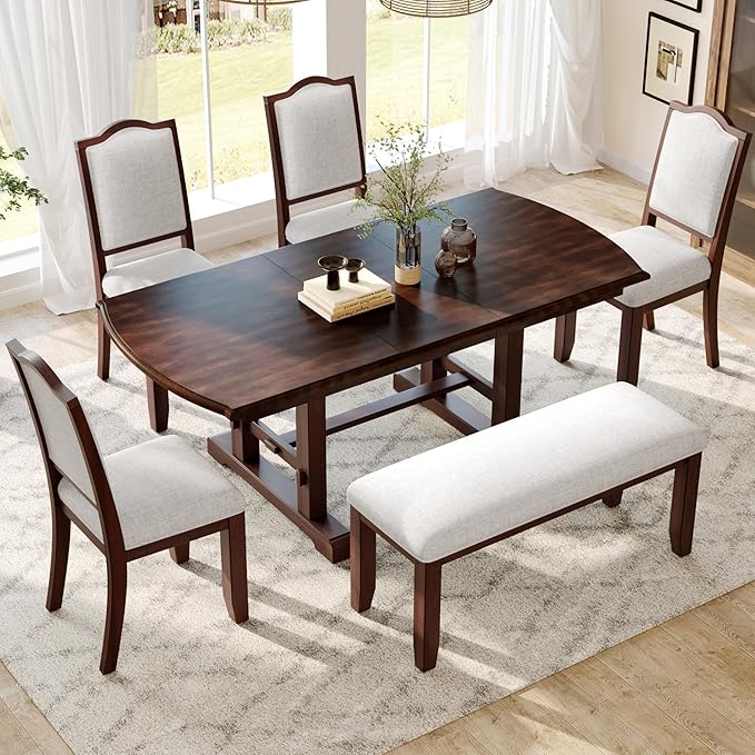 Ball & Cast Farmhouse Dining-Chairs Set of 4, High Back Wood Frame Dining Room Chair with Padded Seat, Modern Upholstered Kitchen Island Seating, 4 Pack Mid-Century Chairs, Cherry&Beige