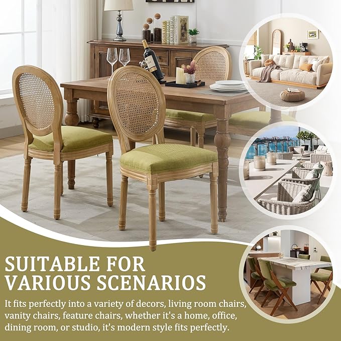 Linen Wooden Dining Chair Set of 4, Upholstered Farmhouse Dining Chair with Solid Wood Frame, Kitchen & Dining Room Chairs for Living Room, Restaurant, Bedroom (Green-Rattan, Set of 4)