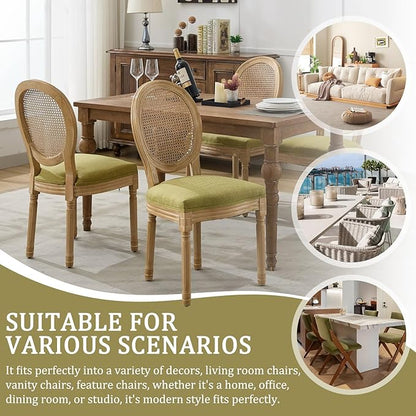 Linen Wooden Dining Chair Set of 4, Upholstered Farmhouse Dining Chair with Solid Wood Frame, Kitchen & Dining Room Chairs for Living Room, Restaurant, Bedroom (Green-Rattan, Set of 4)