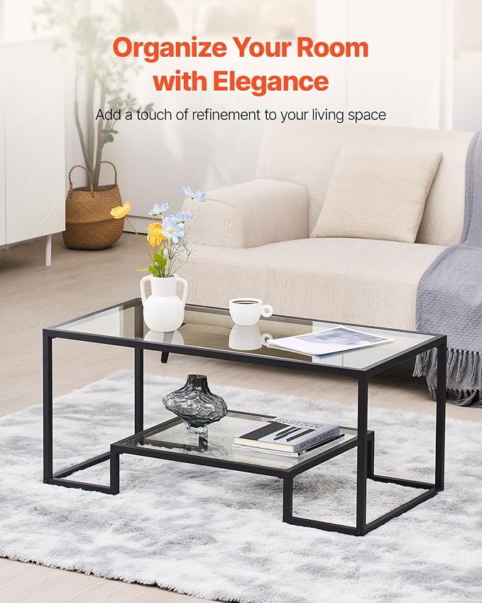 VEVOR Glass Coffee Table, Modern Glass Coffee Table, 2 Tiers Rectangle Glass Center Desk with Open Storage, Minimalist Sturdy Metal Frame Accent End Desk for Living Room, Office, Easy Assembly