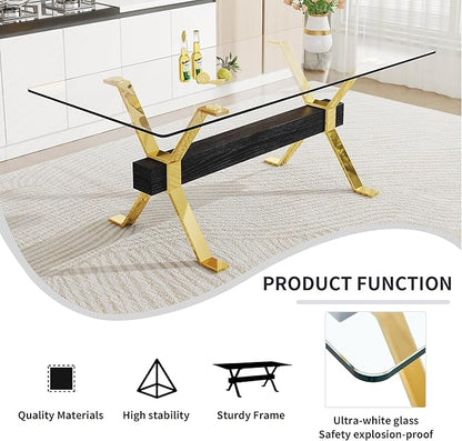 79" Glass Dining Table, Modern Kitchen Table, Modern Dining Table for 8, 0.5" Thick Tempered Glass Tabletop with Gold Chrome Metal Legs and Black Crossbar, Ideal for Dining Room, Kitchen