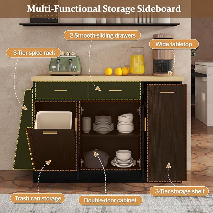 58 inch Large Kitchen Island with Trash Can Storage Cabinet, Multi-Functional Storage Sideboard with Sliding Door Cabinet & 3-Tier Spice Rack, Island Table for Kitchen, Dining Room (Black)