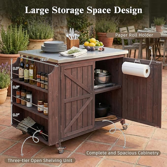 JIJIWANG 42.1" Outdoor Kitchen Island with Stainless Steel Top and Side Shelf, Outdoor Grill Cart with Storage Cabinet and Adjustable Shelves, Kitchen Cart on Wheels for Small Spaces Dark Brown