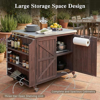 JIJIWANG 42.1" Outdoor Kitchen Island with Stainless Steel Top and Side Shelf, Outdoor Grill Cart with Storage Cabinet and Adjustable Shelves, Kitchen Cart on Wheels for Small Spaces Dark Brown