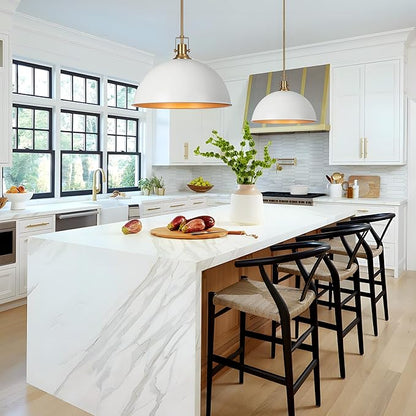 LamQee 18 Inch White and Gold Large Pendant Light Kitchen Island, Farmhouse Modern Dome Pendant Light Fixtures Ceiling Hanging Lighting Chandelier for Dining Room Over Table, Bar, Hallway, Entryway