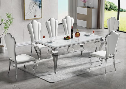 Modern Dining Table for 6-8, 68 Inch White Marble Kitchen Table with Silver Mirrored Cabriole Legs, Luxurious Rectangular Faux Marble Dining Room Table for Dining Room,Living Room(No Chairs)
