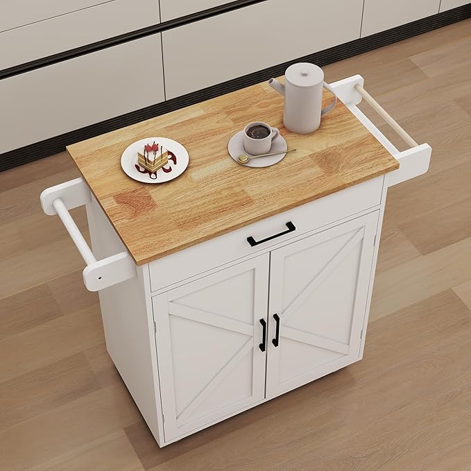 Modern Dining Table Kitchen Island Rolling Trolley Cart with Shelves, Drawer, Doors, Towel Rack & Seasoning Rack - Rubber Wood Table Top for Dining Room,White-MDF-2