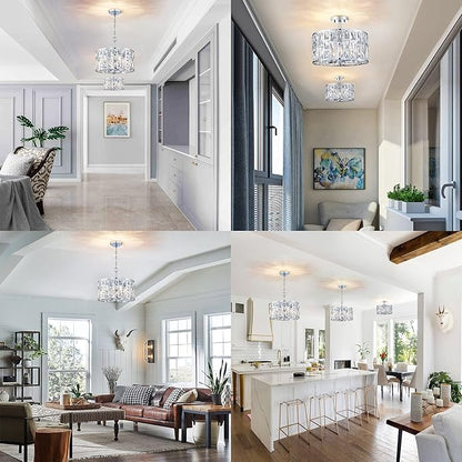 MEXO Farmhouse Crystal Convertible Chandelier and Semi Flush Mount Lighting Chrome Cylinder Drum Shade Pendant for Kitchen Island Dining Room Bedroom Hallway