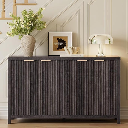 OAKHAM HOME Buffet Cabinet Fluted Sideboard 56" Accent Cabinet with Adjustable Shelves 4 Doors Modern Storage Credenza for Living Room Kitchen Hallway,Black Oak