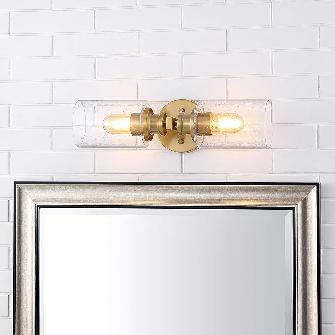JONATHAN Y 16.5" Brass Gold 2-Light LED Wall Sconce, Modern Farmhouse Vanity Light with Seeded Glass Shade, Industrial Iron Fixture for Bathroom Mirror, LED Bulbs Included (JYL7577E)