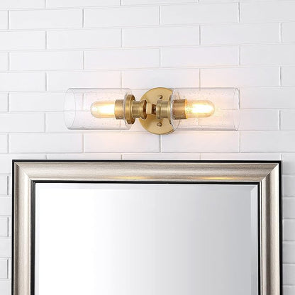 JONATHAN Y 16.5" Brass Gold 2-Light LED Wall Sconce, Modern Farmhouse Vanity Light with Seeded Glass Shade, Industrial Iron Fixture for Bathroom Mirror, LED Bulbs Included (JYL7577E)