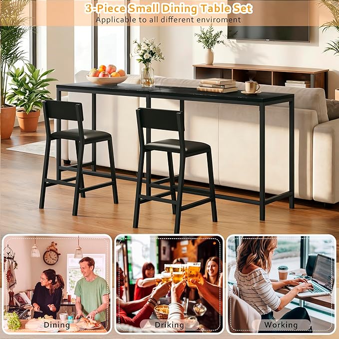Bar Table and Chairs Set, 3 Piece Convertible L-Shaped Kitchen Table with 2 PU Leather Bar Stools, 63‘’ Counter Height Small Dining Table with Power Outlets, Space Saving, Breakfast Nook Corner, Black