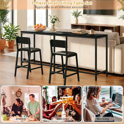 Bar Table and Chairs Set, 3 Piece Convertible L-Shaped Kitchen Table with 2 PU Leather Bar Stools, 63‘’ Counter Height Small Dining Table with Power Outlets, Space Saving, Breakfast Nook Corner, Black