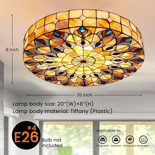 20" Vintage Stained Glass Ceiling Light, 4-Light Stained Glass Flush Mount Light Fixture, Chandelier Ceiling Pandent Lamp for Farmhouse Kitchen Island (Retro)