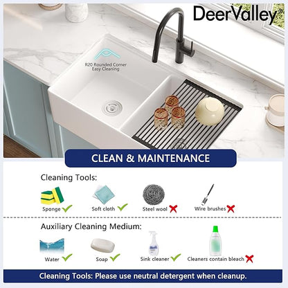 DeerValley Double Bowl Workstation Kitchen Sink 36 inch, Reversible Fireclay Deep Farmhouse Apron Front Kitchen Sinks, White Undermount Farm Sink with Ledge and Accessories