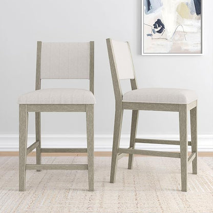 Plank+Beam Sereno Counter Stool, 24", Set of 2, Sturdy Wood Modern Kitchen Counter Height Stool, Upholstered Cushion Counter Chair with Back, Antique White/Ivory