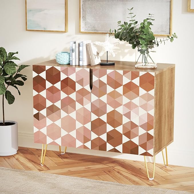 SIGNWIN Sideboard Buffet Cabinet, Kitchen Storage Cabinet with 2 Doors, Brown Pastel Mid-Century Polygons, Cupboard Console Table for Dining Room - 35" L x 18" W x 29" H