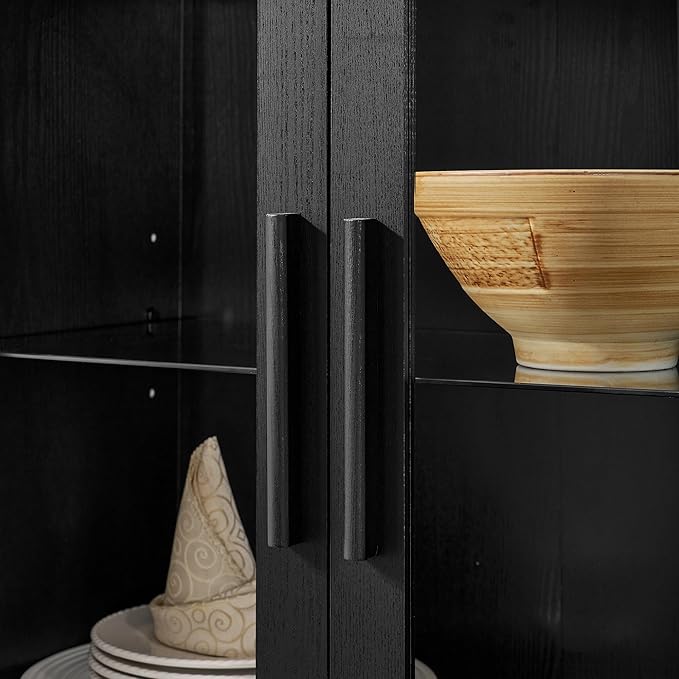 Ball & Cast 67" Tall Arched Kitchen Pantry Cabinet with Lamp, Modern Wooden Storage Cabinets with Glass Doors & Adjustable Shelves,Versatile Display Cabinet for Kitchen, Living Room,Dining Room,Black