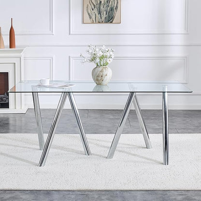 71" Glass Silver Dining Table for 4 6, Modern Kitchen Dining Room Table with 0.39" Thick Tempered Glass Tabletop and Metal Legs, Large Rectangle Dinner Tables for Home Kitchen Living Room