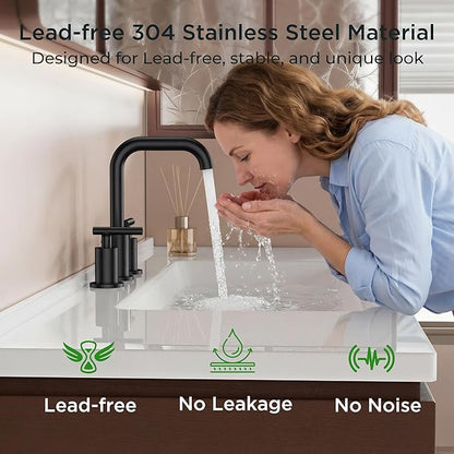 FORIOUS Matte Black Bathroom Faucet 3 Hole Widespread, 8 Inch Bathroom Sink Faucets Two-Handle with Pop Up Drain and Water Supplies for Vanity Restroom RV Lavatory Sink
