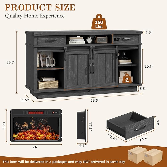 Jocoevol Fireplace TV Stand for TVs up to 65", Electric Fireplace with 3D Flame, Farmhouse LED Light Entertainment Center TV Console with with 2 Drawers, Sliding Barn Door for Living Room - Black