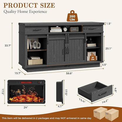 Jocoevol Fireplace TV Stand for TVs up to 65", Electric Fireplace with 3D Flame, Farmhouse LED Light Entertainment Center TV Console with with 2 Drawers, Sliding Barn Door for Living Room - Black
