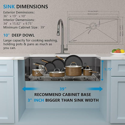 36 Undermount Kitchen Sink Black - Fulorni 36"x19" Kitchen Sink Ledge Workstation Gunmetal Black NANO-PVD 16 Gauge 304 Stainless Steel Under Counter Large Single Bowl Basin