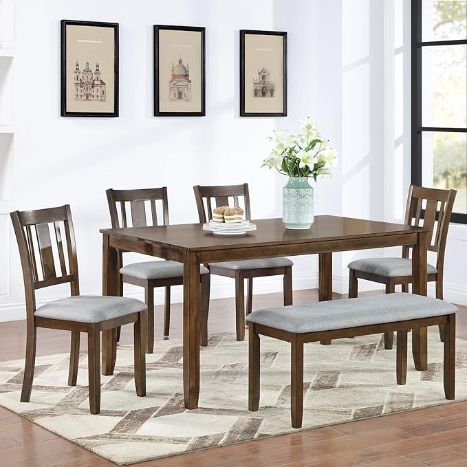 6-Piece Wooden Dining Table Set with 4 Upholstered Chairs and 1 Bench, Rectangular Kitchen Table Set for 7 People, Modern Dining Room Table for Kitchen and Dining, Walnut